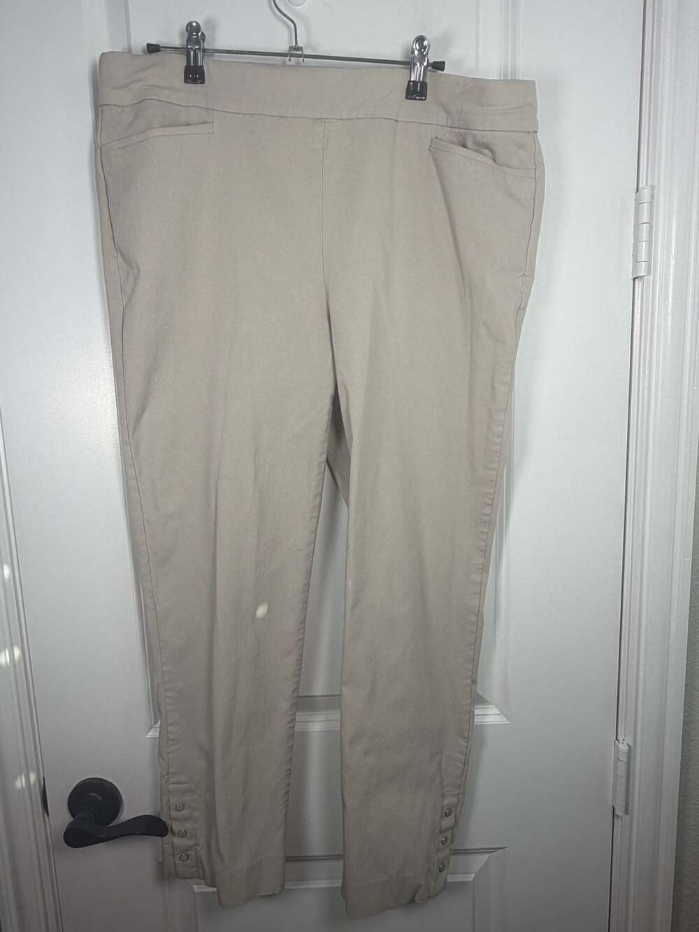 Chico's Women's Beige Pull-On Ankle Pants with Side Button Hem Detail